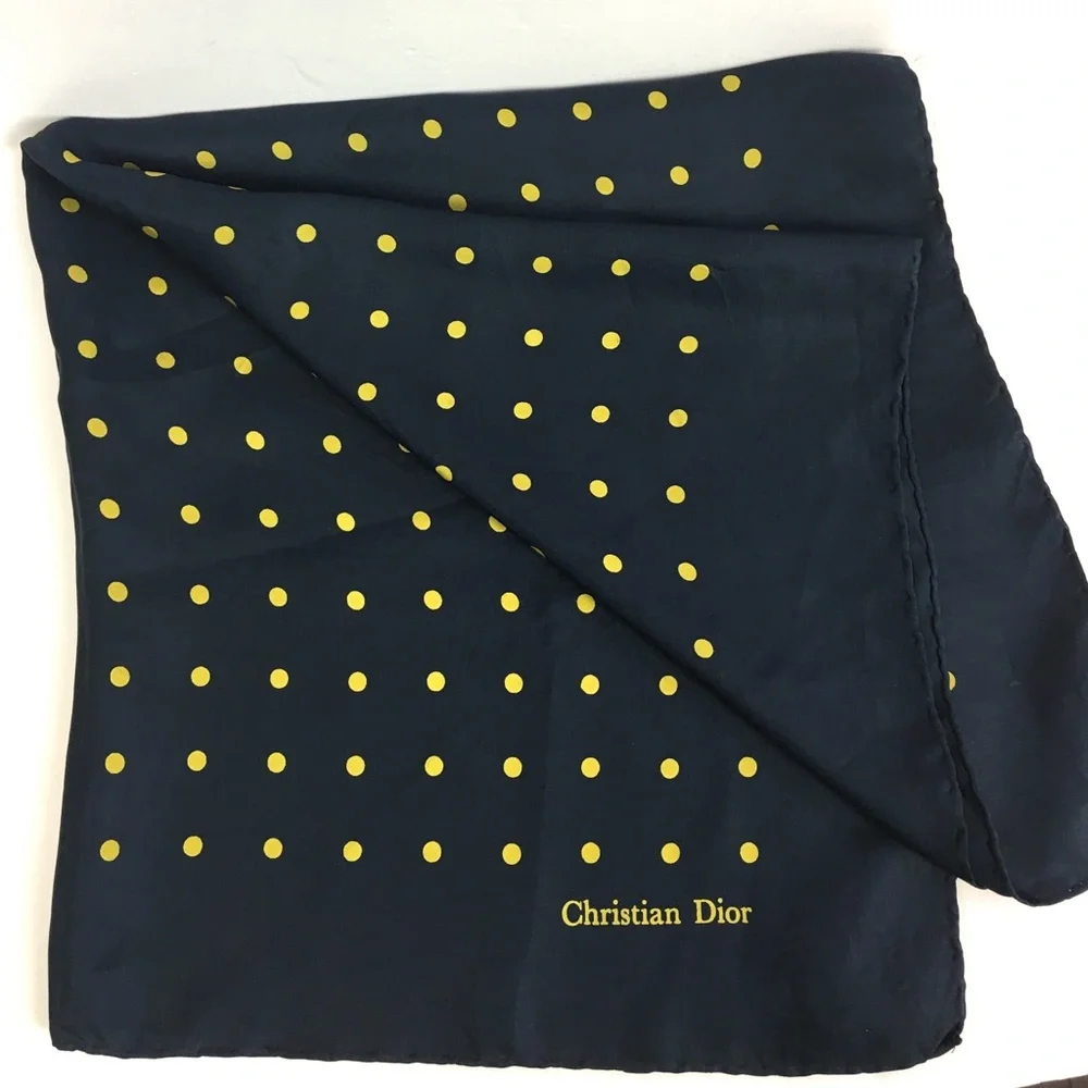 Authentic Christian Dior Silk Scarf - Navy Blue /Yellow Polka Dots Timeless